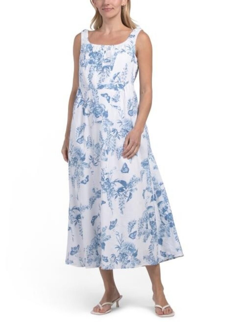 New! LEA Floral Print Maxi Dress Blue White Fit and Flare Size L NWT